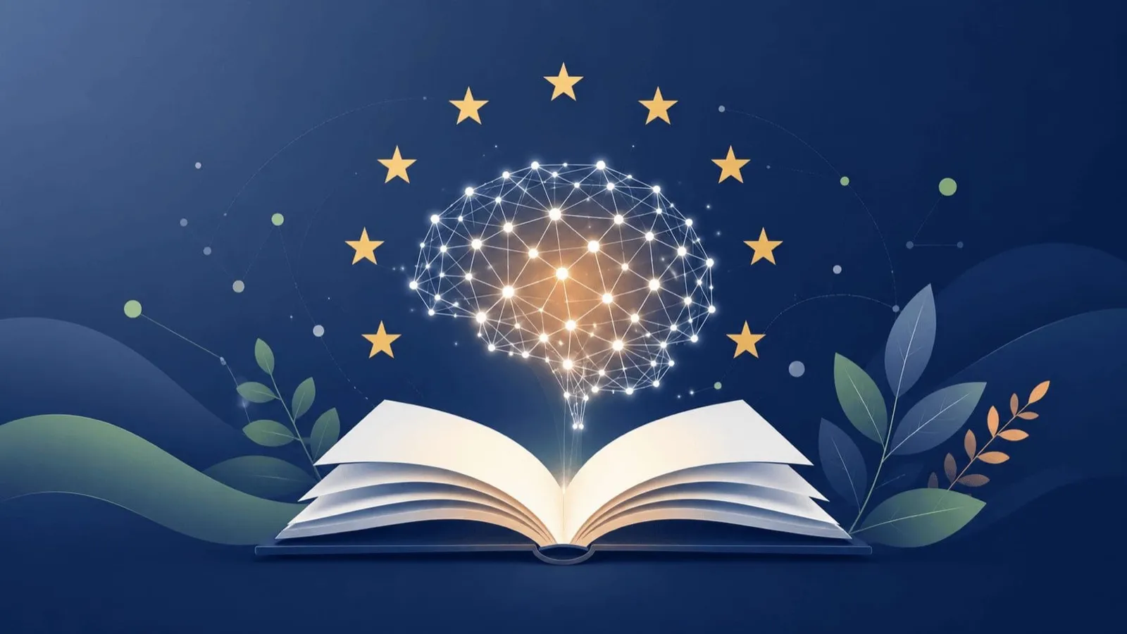 Livre ouvert d’où s’élève un réseau lumineux, sous les étoiles du drapeau européen