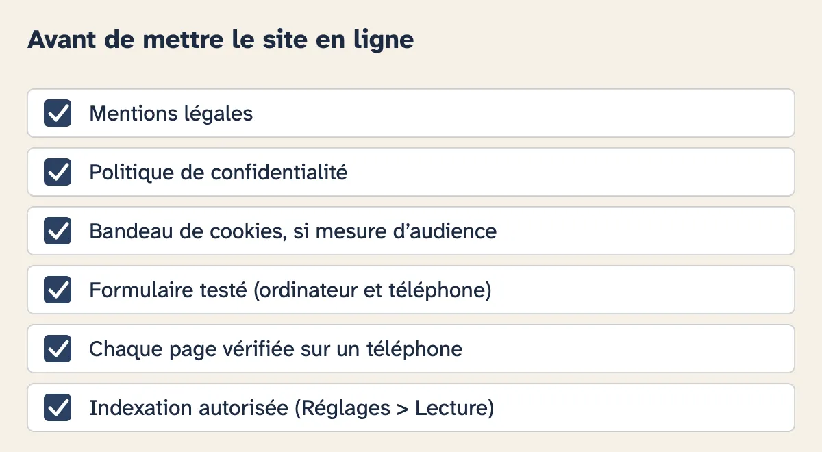 La check-list avant la mise en ligne : mentions légales, politique de confidentialité, cookies, formulaire testé, indexation autorisée, affichage sur téléphone