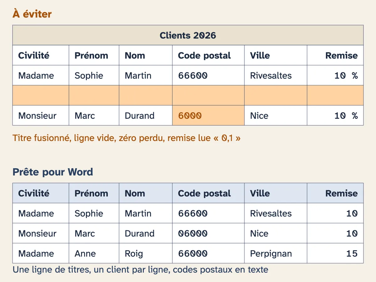 Deux listes de clients. En haut, une liste piégée : titre fusionné au-dessus des colonnes, ligne vide, code postal 6000 au lieu de 06000, remise saisie 10 %. En bas, la même liste prête pour Word : une ligne de titres, un client par ligne, codes postaux en texte, remise saisie 10